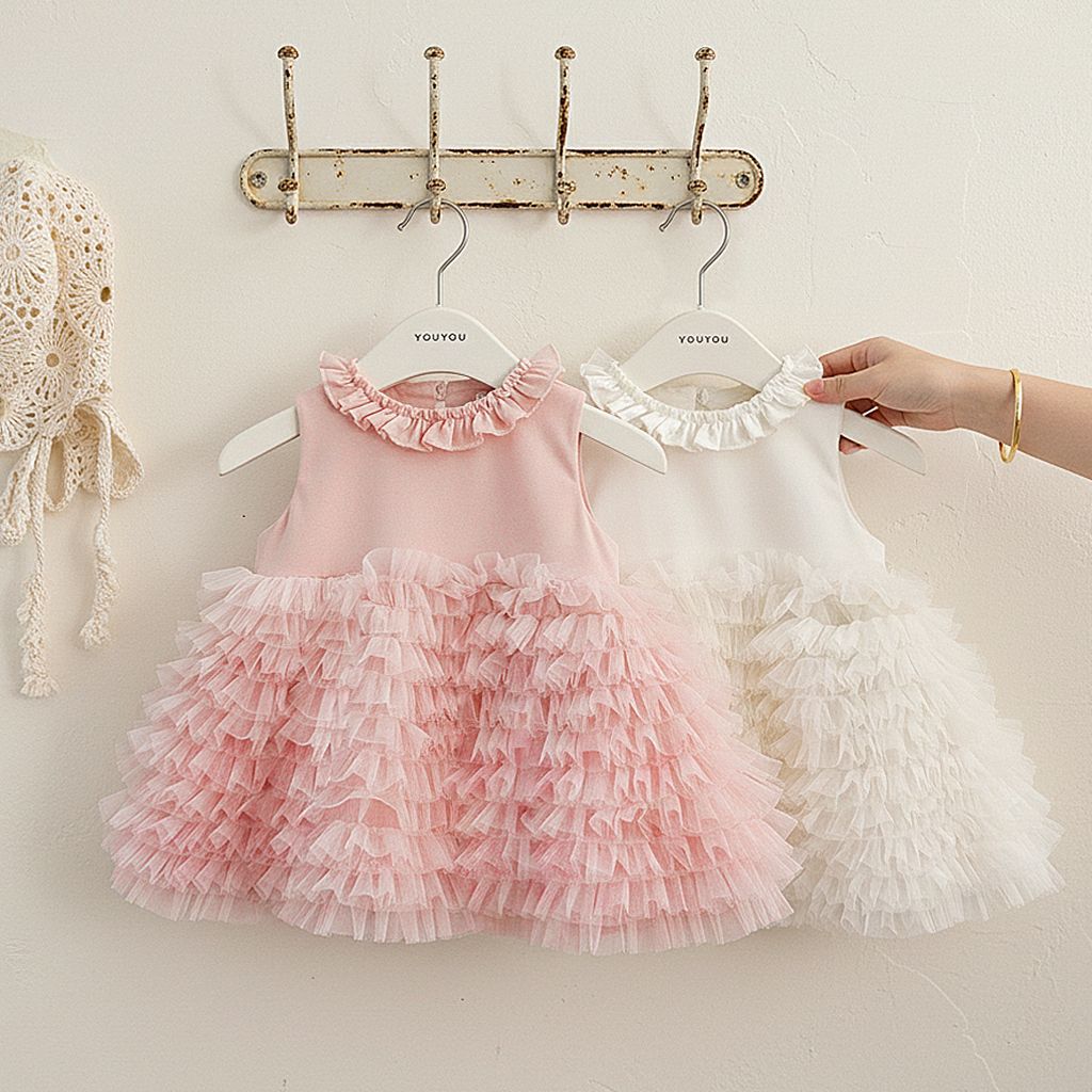 Baby Girl 1st Birthday Dress Solid Sleeveless Tiered Cake Skirt Fluffy Princess Party Gown Elegant Vest