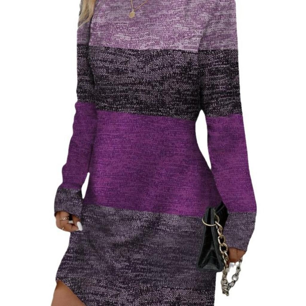 Spring Autumn Color Block O-neck Long Sleeve Casual Comfortable Dress for Women