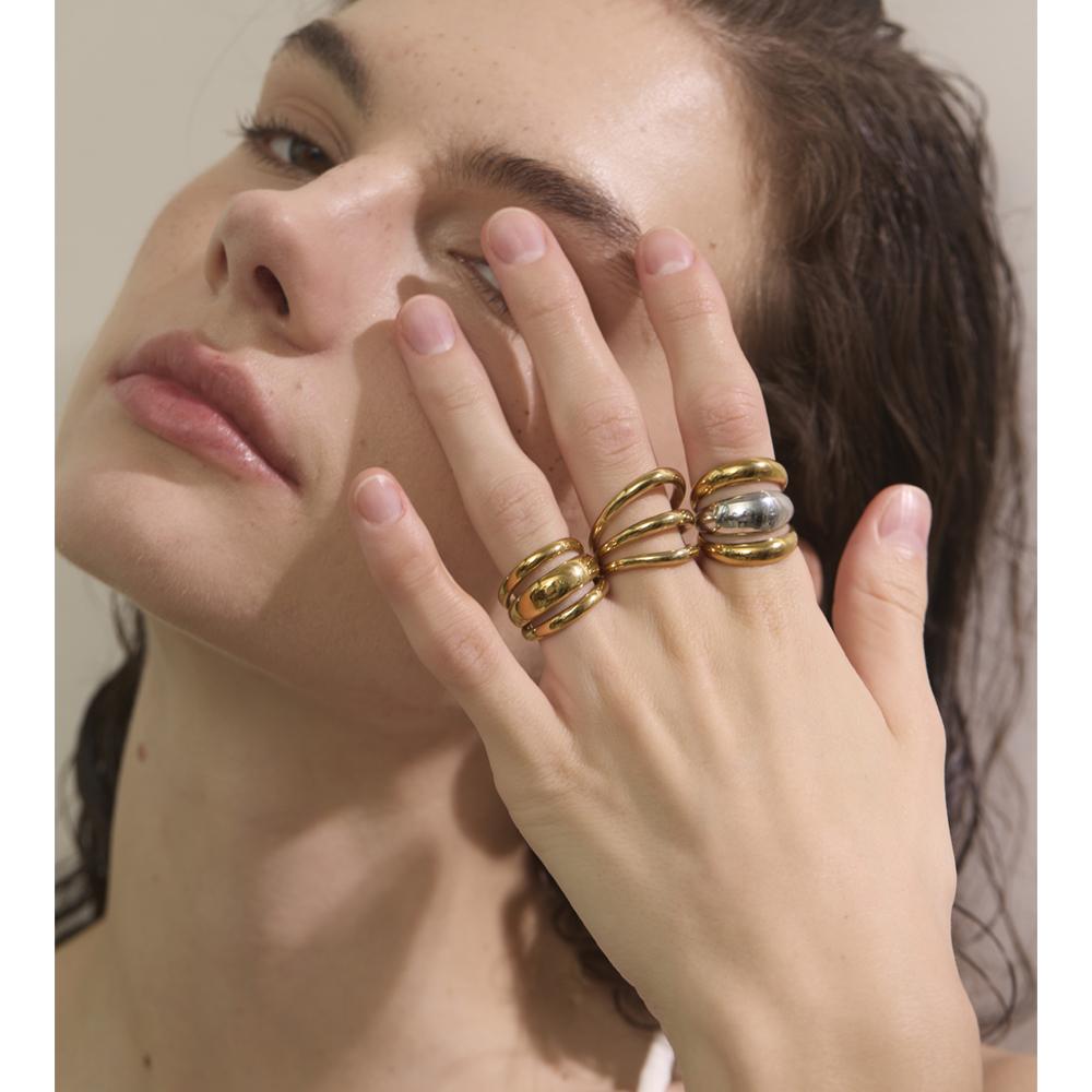 Yhpup Size 678 Classic Stainless Steel Layered Wide Geometric Ring 18K Golden PVD Plated Attractive Finger Jewelry Rust Prevent