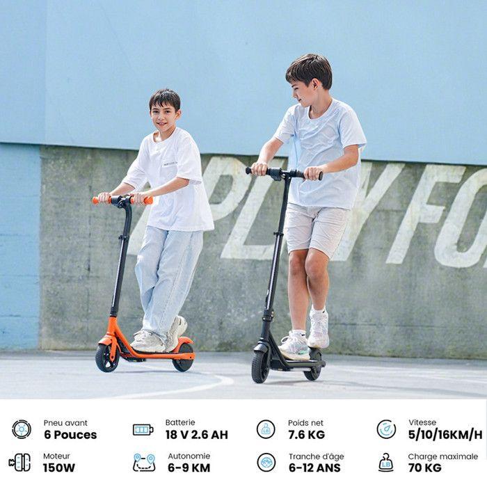 Trottinette Électrique Enfant 6’’ K2Pro-3 Vitesses (5/10/16 km/h)-150W-2,6 Ah-LED Multicolores-Cadeau For kids 6-12 ans-Noir