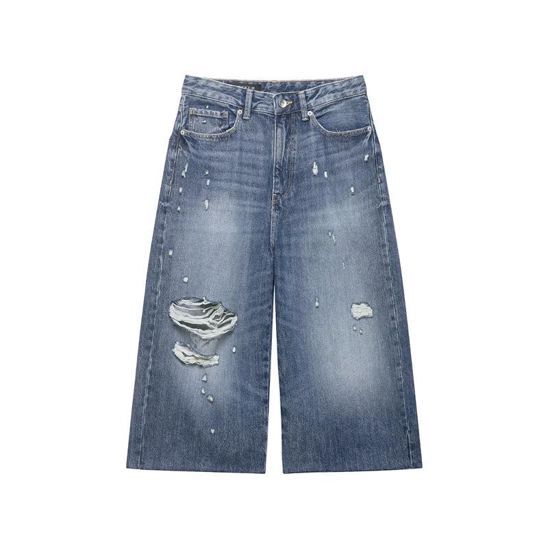 2026 Summer European-American Style Women s Mid-Waist Ripped Denim Shorts, Retro Straight-Leg Casual Fit Large