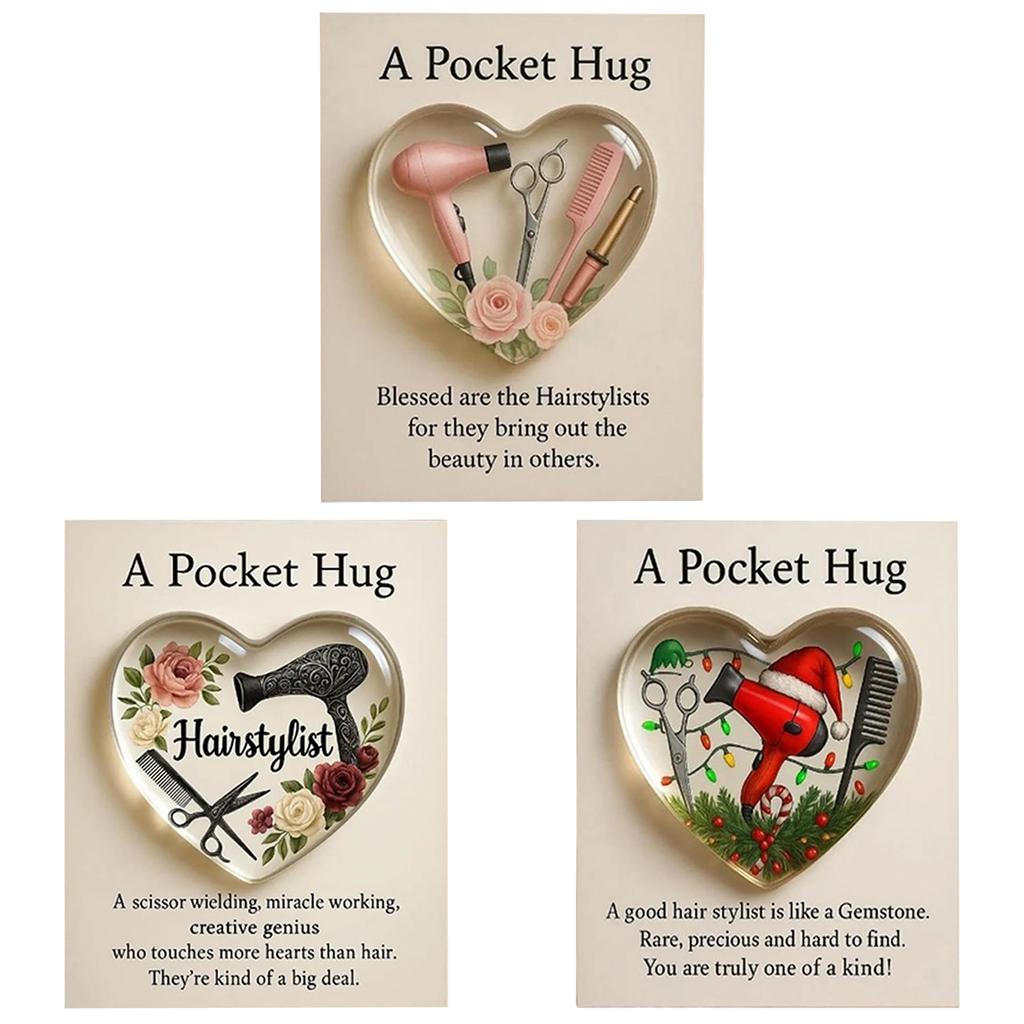 Mini Hairdresser Tools Heart Pocket Hug Token with Card Heart Shape Keepsake Hairdresser Gifts for Women Men Christmas Ornament