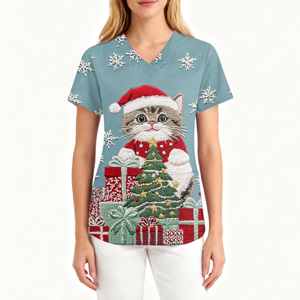 Women's Fashionable V-neck Workwear Christmas Printed Short Sleeved Pocket Side Slit Workwear Basic Pullover Top