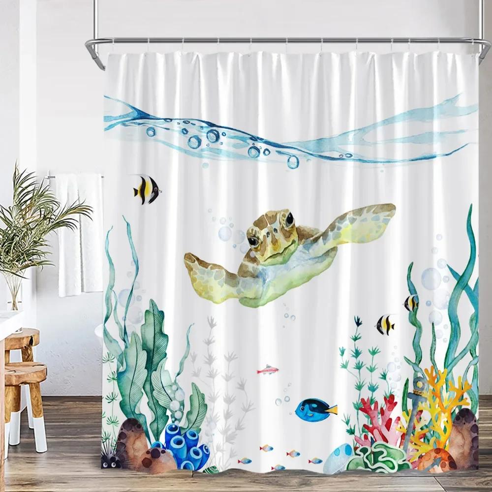 Zwierzęta Morskie Zasłona Prysznicowa Żółw Morski Rekin Wielorybi Świat Podwodny Dekoracje Łazienkowe Zasłona Prysznicowa dla Dzieci z Haczykiem