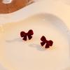 Autumn And Winter Retro Red Flocking Bow Stud Earrings, French Gentle Plush Premium Butterfly Pearl Earrings