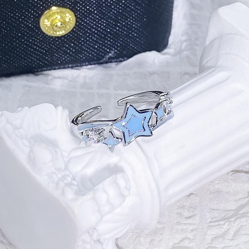 Blue Enamel Oil Drop Flower Bow Star Opening Ring Women'S Niche High-End Light Luxury Ring
