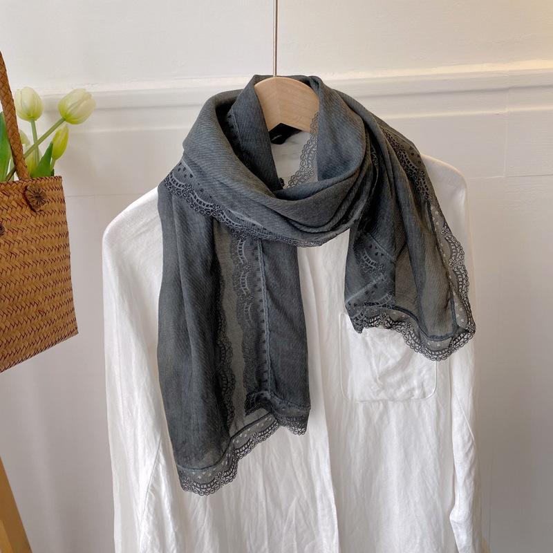 Retro Tie-dye Lace Edge Cotton and Linen Scarf Women's Spring Autumn Versatile Summer Thin Sunscreen Small Shawl with Short Yarn