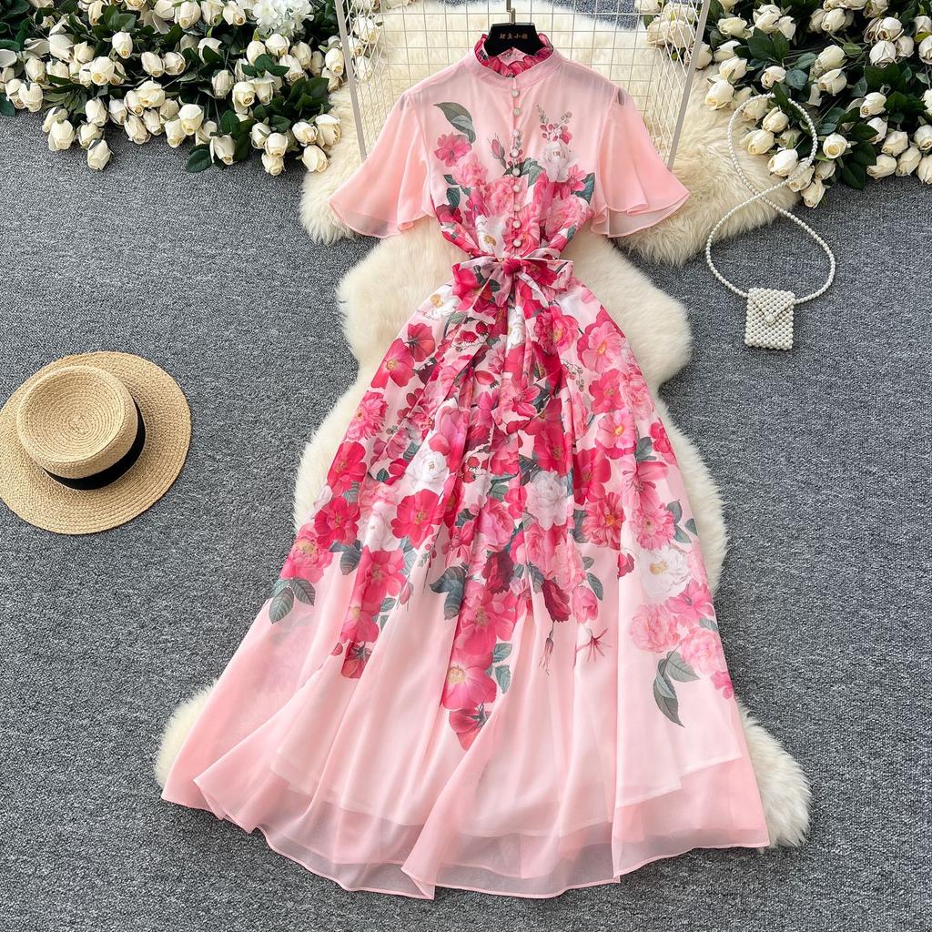 New holiday style dress women's French pearl breasted waist and thin temperament printed chiffon dress