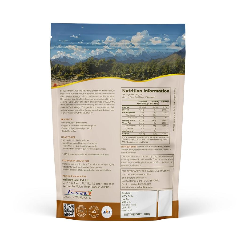Wellwith By Ayuzera Proszek z Jagód Rokitnika Zwykłego z Himalajów Naturalny Wegański Superfood Bogaty w Omegi Witaminy i Błonnik 100g