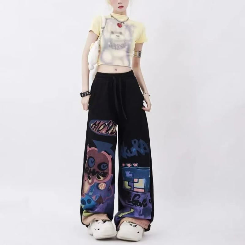 Hip Hop Street Trendy Fashion Graffiti Print High Waist Casual Cartoon Pants Women Drawstring Pocket Straight Wide Leg Trousers