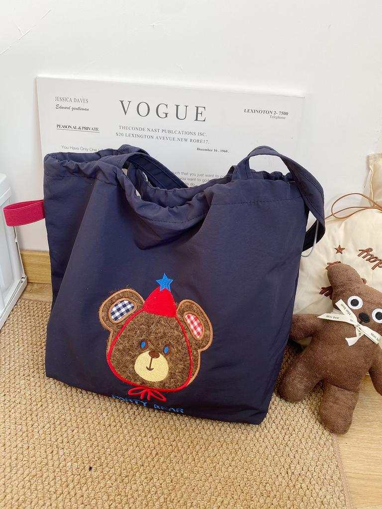 Cute Retro Embroidered Bear Nylon Women's Shoulder Bags Fashion Large Capacity Ladies Handbag Versatile Female Shopping Bag
