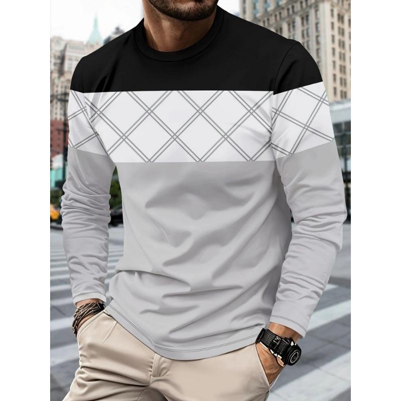Men's Casual Striped Printed T-shirt 3D Printed Breathable Quick-drying Round-neck Long-sleeve T-shirt, Simple Style Workwear