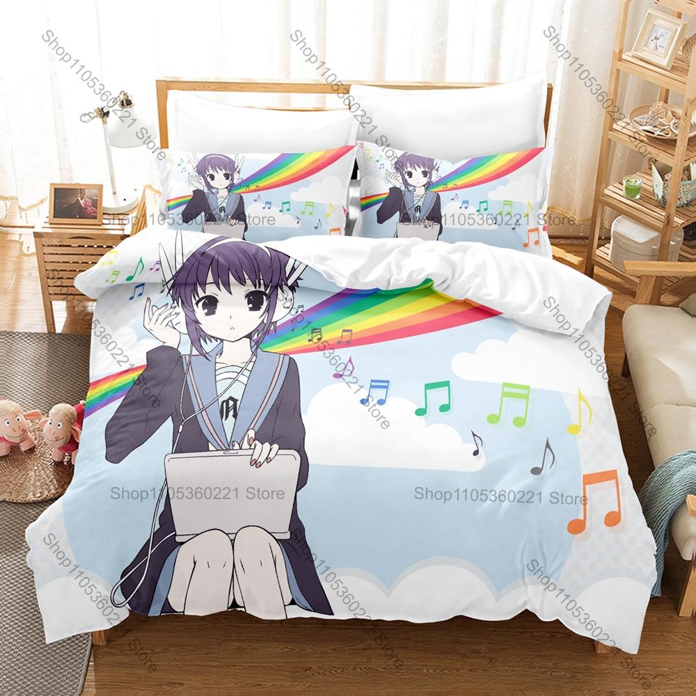 The Melancholy Of Haruhi Suzumiya Anime Print 3PCS Bedding Set Duvet Cover + 2 Pillowcases Soft Bed Linen For Otaku Fans Bedroom