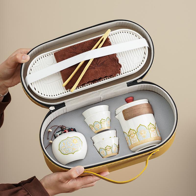 Light luxury enterprise travel tea set, ancient rhyme hand-held pot, Dehua ceramic camping express cup annual meeting gift
