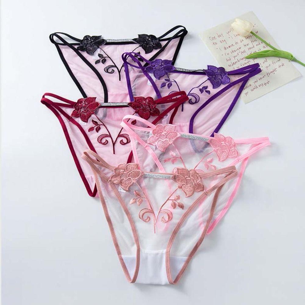 Cotton Crotch Mid Waist Mesh Briefs Thin Belt Mesh Transparent Underpants Female