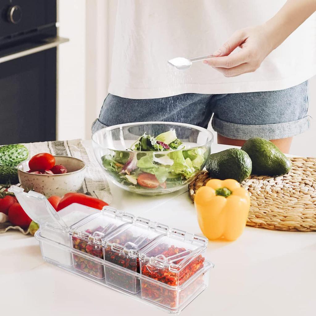 Gewürzaufbewahrungsbox mit vier Fächern und Löffel