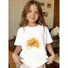 European Sizes Girls' Summer Short-sleeved T-shirt, Cute Cartoon Cat-shaped Sun Print Round Neck Top, Short-sleeved Casual Top