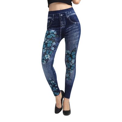 Kadın İmitasyon Denim Kot Tayt Rahat Yüksek Bel Ince Elastik Spor Push Up Dikişsiz Baskı Kelebek Kalem Pantolon