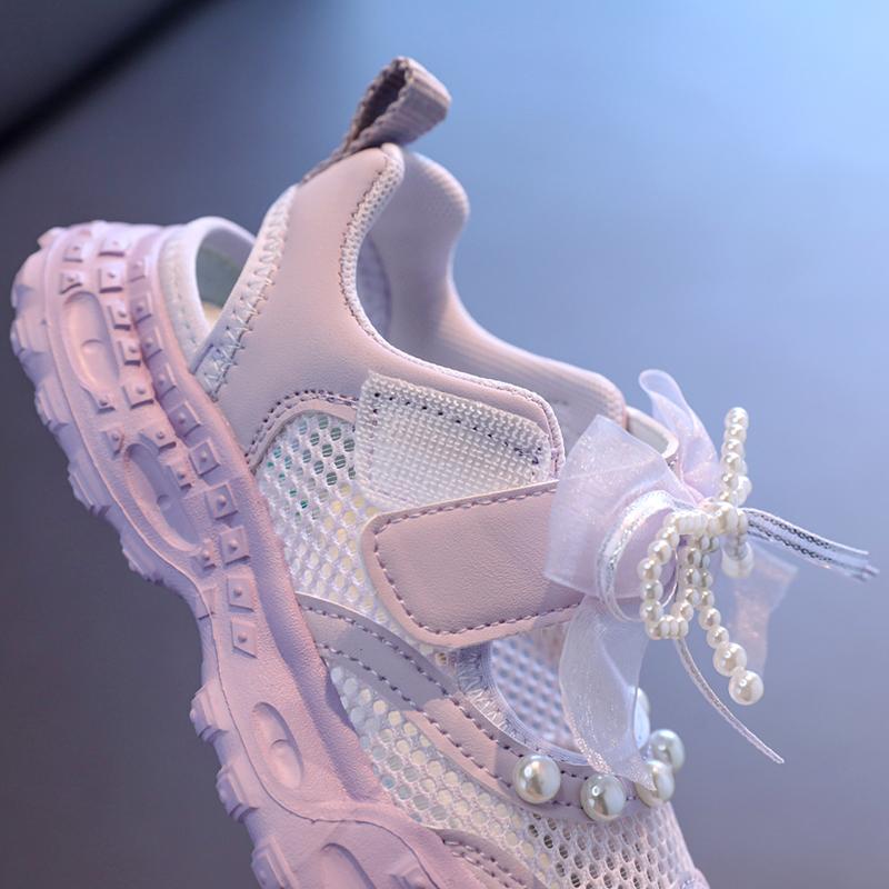 Sweet Pearl Bowknot Decoration Sneakers Girl Autumn Breathable Mesh Hollow Out Sports Shoes Soft Thick Bottom Running Shoes