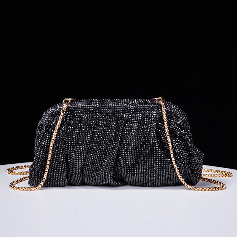 Shiny  Pleated Clutch Evening Bag for Women Chains Dumpling Bags New Folds Crystal Bags Bag