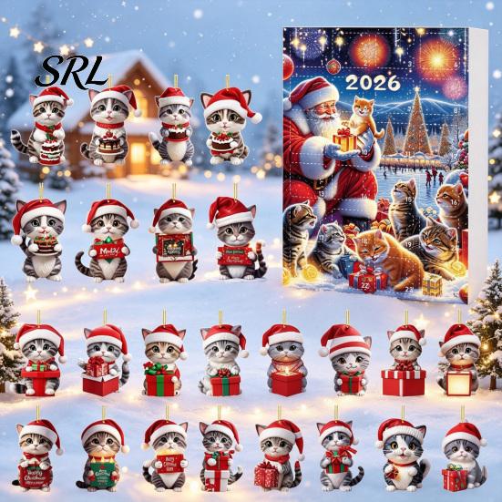 Christmas Tree Decorations Hanging Ornaments 2026 Cat Advent Calendar, 24 Days Countdown Calendar with Festive Home Decor Santa Hat Kitten 2D Acrylic