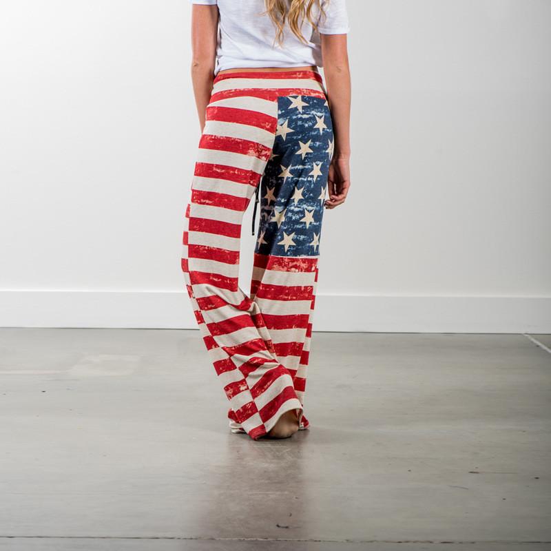 Womens High Waist Casual American Flag Print Drawstring Loose Wide Leg Pants For Summer