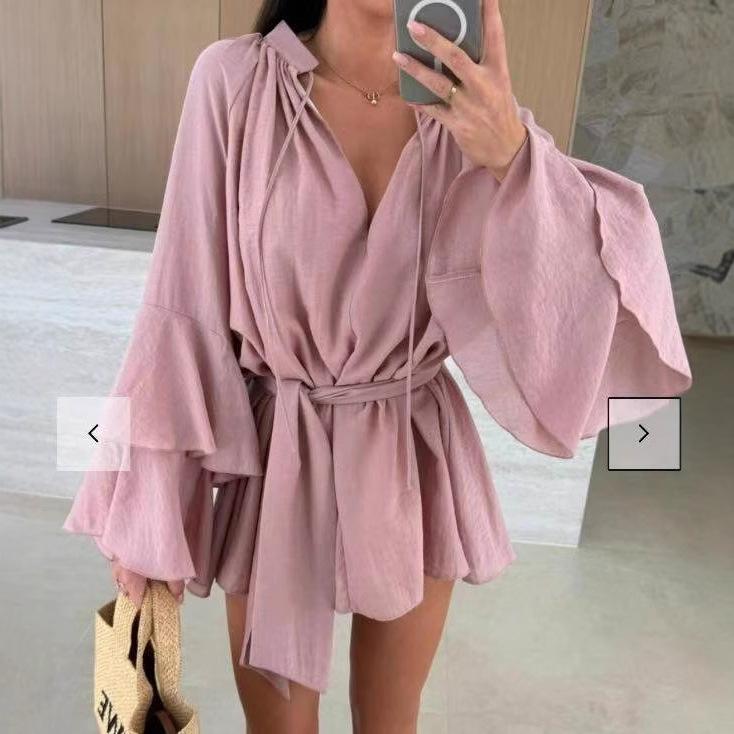 Spring Summer Ruffle Loose Mini Dress Casual Flare Sleeve Holiday Dresses Sexy Deep V Lace Up Solid Color Women's Dress Vestidos