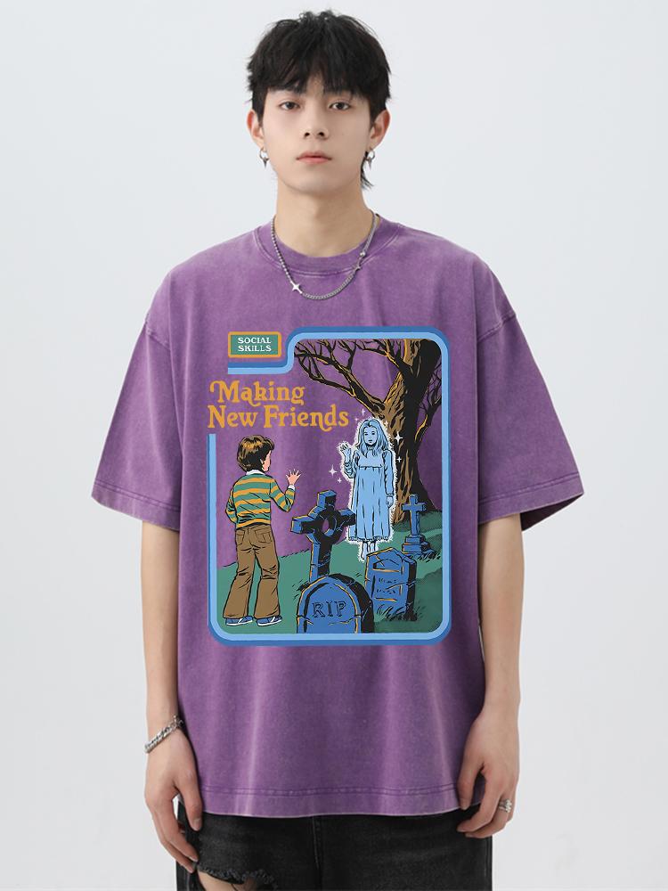 Social Skills Making New Friends Washed Retro Man T-Shirts Oversized Tee Clothes Summer Hip Hop Tshirt O-Neck Soft Cotton Tops