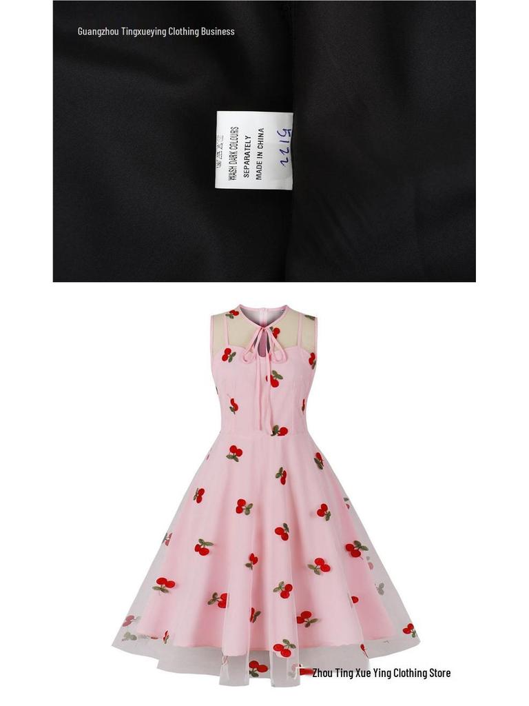 Women's Christmas Mesh Embroidered Midi Dress with Waist-Cinching and Sleeveless Design