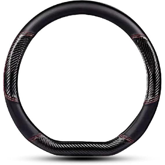 Car Carbon Fiber And Leather D-Shape Steering Wheel Cover, Stylish Car Non-Slip Leather Car Interior 15 Inches Universal Black