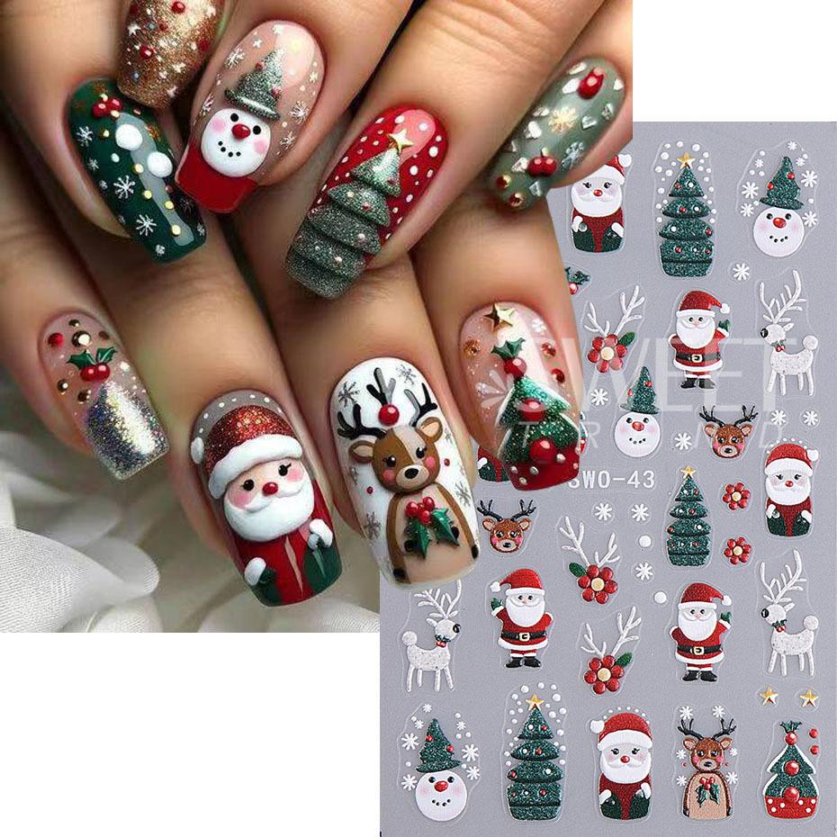 5D Embossed Christmas Nail Stickers Gingerbread Man Snowflake Snowman Penguin Autumn Winter Nail Art Decals Decoration