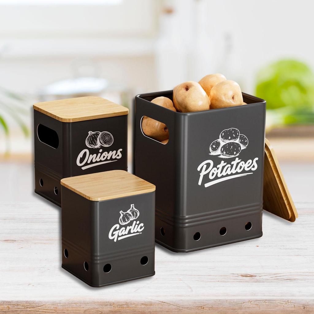 Portable Garlic Storage Bin Set Iron Bamboo Kitchen Container with Ventilation for Vegetable Freshness