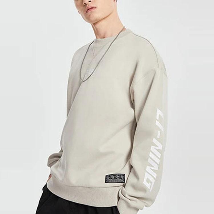 Li Ning Sports Fashion Series Embroidered Logo Loose Fleece Crewneck Sweatshirt Men Sweatshirt Gray AWDQD27-1