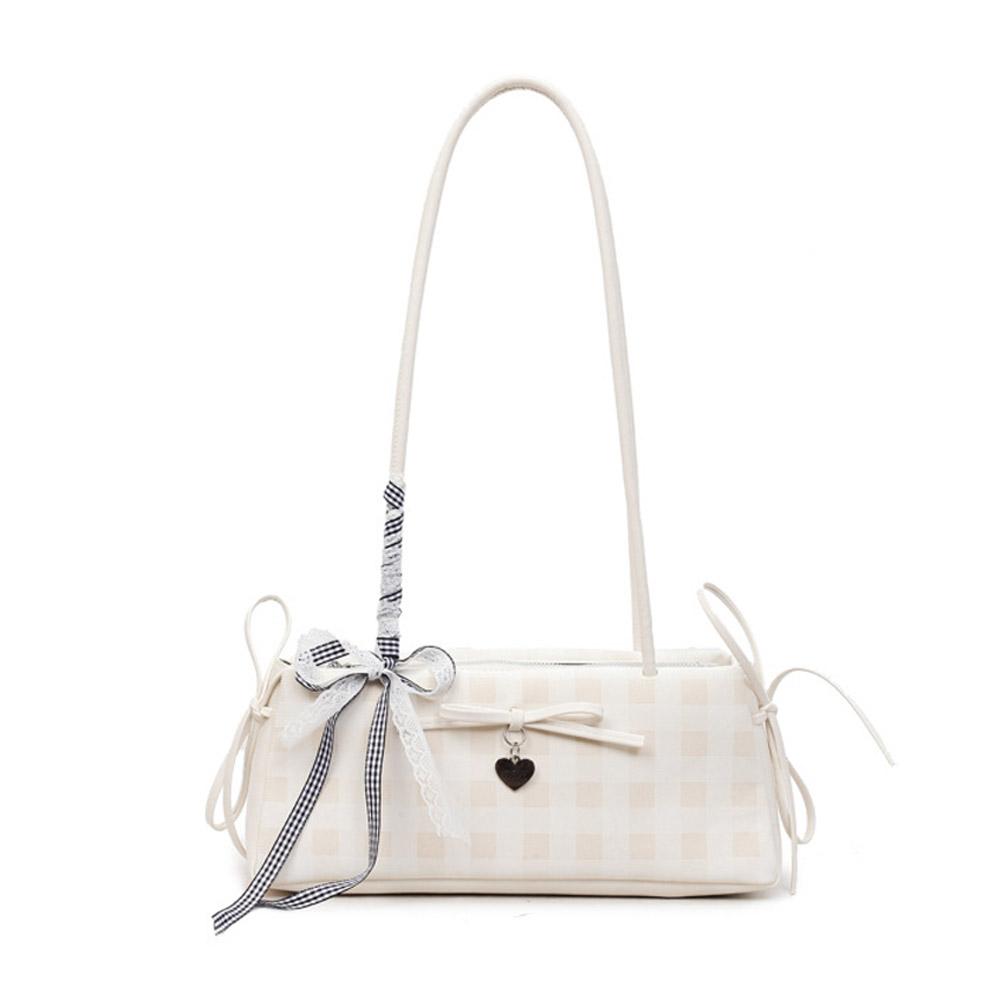 Bow Lace Ribbon Shoulder Bag Fashion Heart-shaped Pendant Grid French Underarm Pouch Tote Bag Handbag Daily Commuting Bag