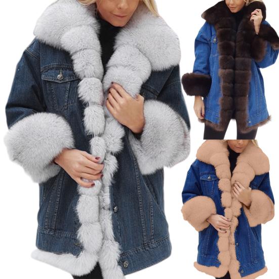 Jaqueta jeans feminina de inverno com acabamento em pele sintética e mangas compridas, bolsos combinando com a cor