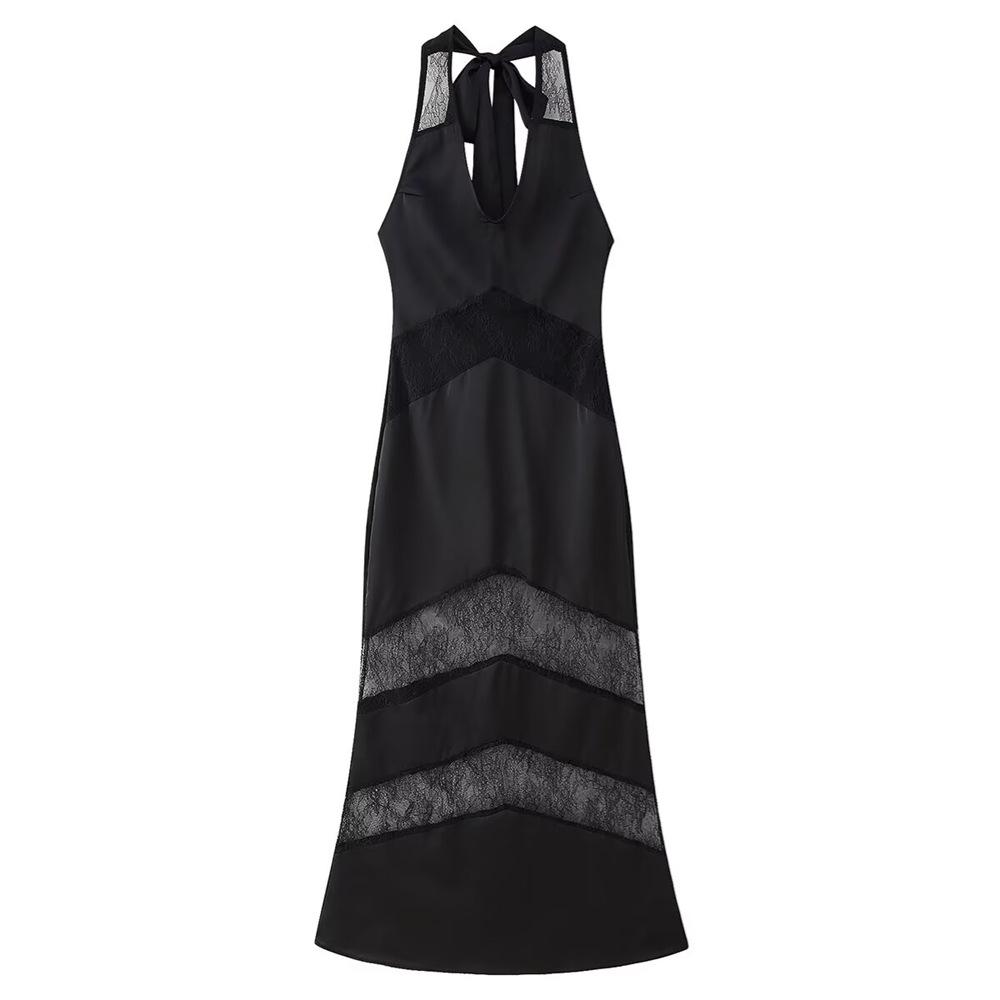 

2025 Spring Women s Slim Lace Ribbon Halter Dress Small чорний