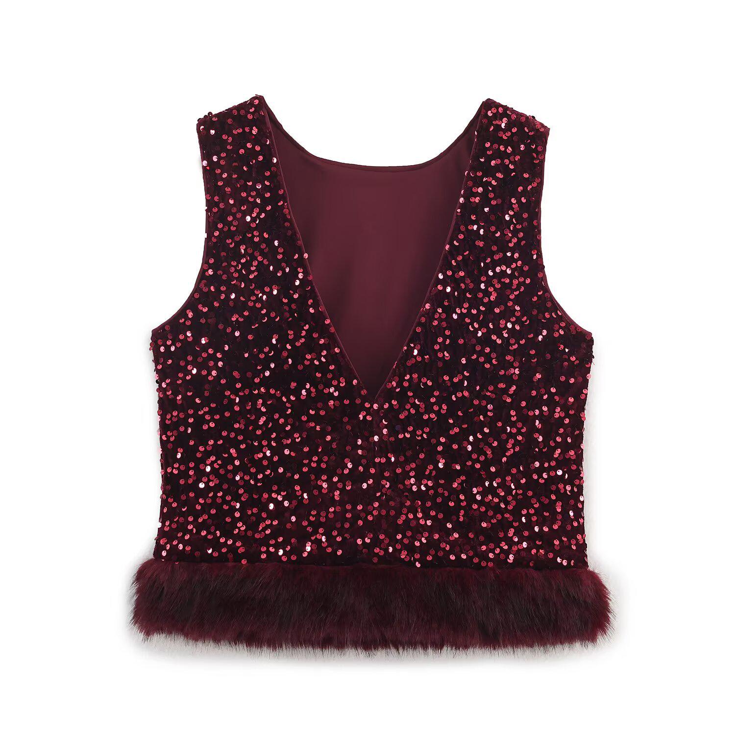 European-Style Sequin Faux Fur Hem Top for Women - Autumn 2025 Large