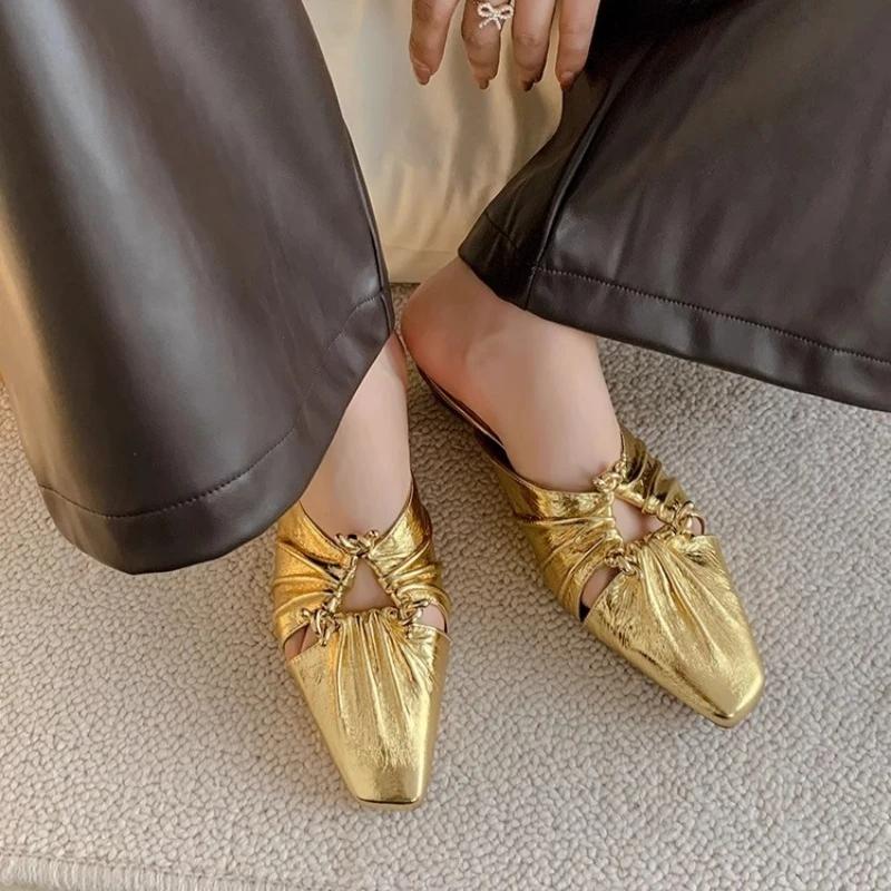 Fashion Women's Slippers Square Toe Metal Decoration Square Heel Women's Mules Leisure Daily Cover Toe Sexy Zapatillas De Mujer