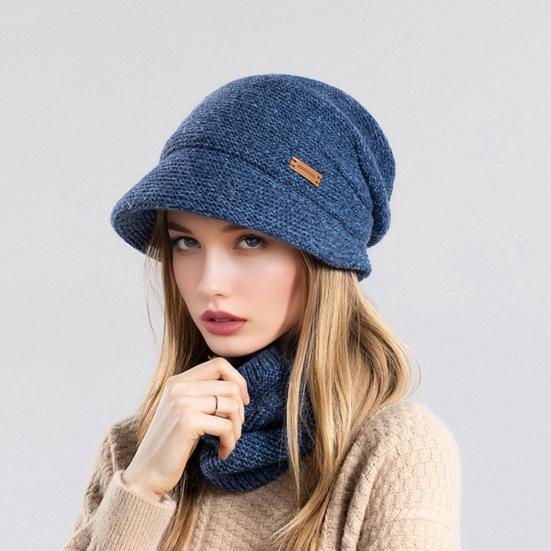 2Pcs/Set Women Winter Hat Scarf Set Solid Color Elastic Thickened Ear Protection Knitting Hat