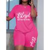 Plus size women's two-piece casual short-sleeved shorts set, BLESSED BEYOND MEASURE letter print