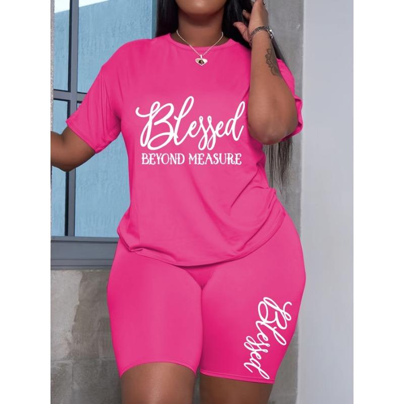 Plus size women's two-piece casual short-sleeved shorts set, BLESSED BEYOND MEASURE letter print