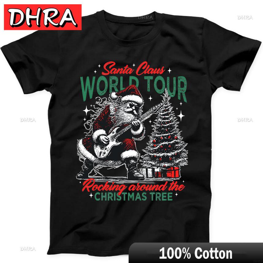 Christmas Santa Claus Playing Guitar World Tour Funny Gift Black T Shirt Unique Cute Shirts Tees for Daily Wear TShirt Unisex S