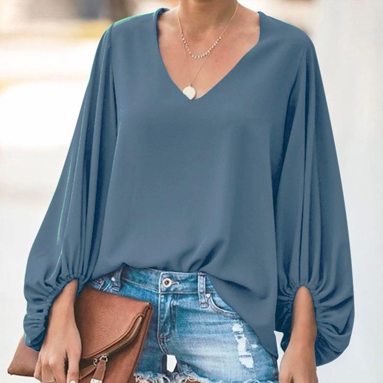 European & American Women's V-Neck Lantern Sleeve Loose Long Sleeve Plus Size Top - Summer 2025 Collection