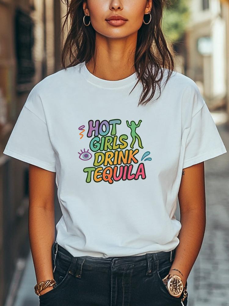 Hot Girls Drink Tequila Graphic T-Shirt Neon Rainbow Y2K Retro Party Women Tee Unisex T-Shirt XXXL