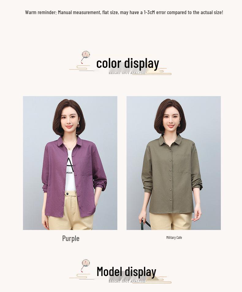 Plus Size Cotton Linen Long Sleeve Shirt for Middle-Aged Women - 2024 Spring & Autumn Fashion Mother's Top