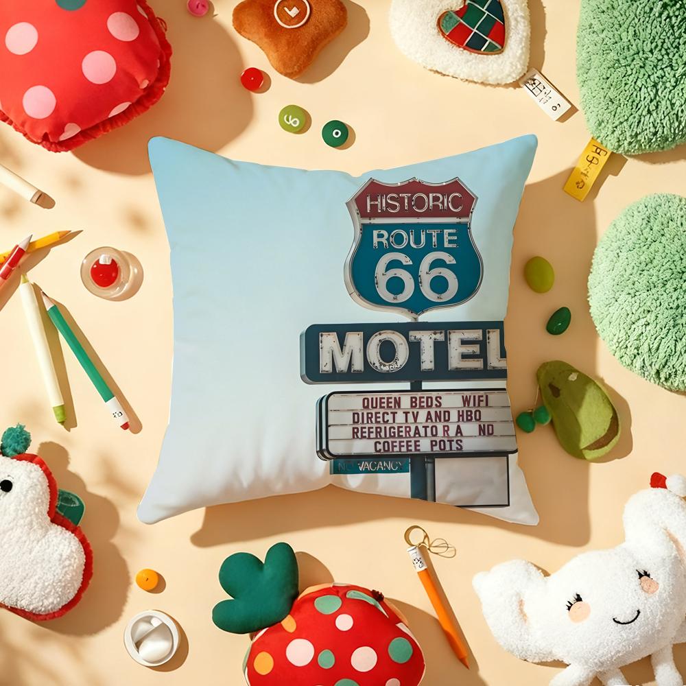 Classic Route 66 Retro Cushion Cover Plush Fabric Soft Double-Sided Printed Sofa Warm Winter Home Gift Pillow Cover
