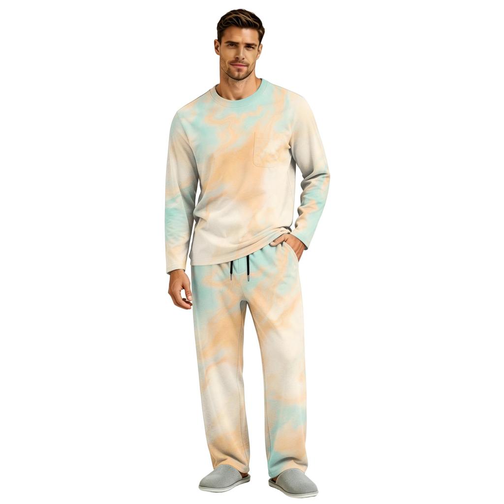 Men's Pajama Set Long Sleeve Top and Pants with Button Fly and Elastic Drawstring Waist