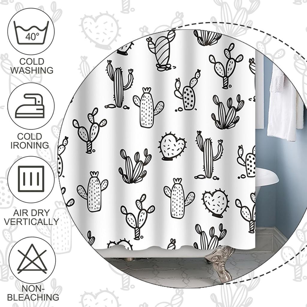 Cartoon Cactus Shower Curtain Tropical Plants Mexican Texas Minimalism Black And White Decorative Artistical Shower Curtains For