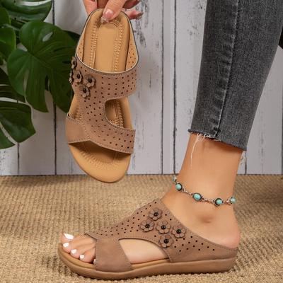 Damen Sandalen mit floralem Plateau und Einzelriemen, Retro Chunky Heel Sommer Pantoletten