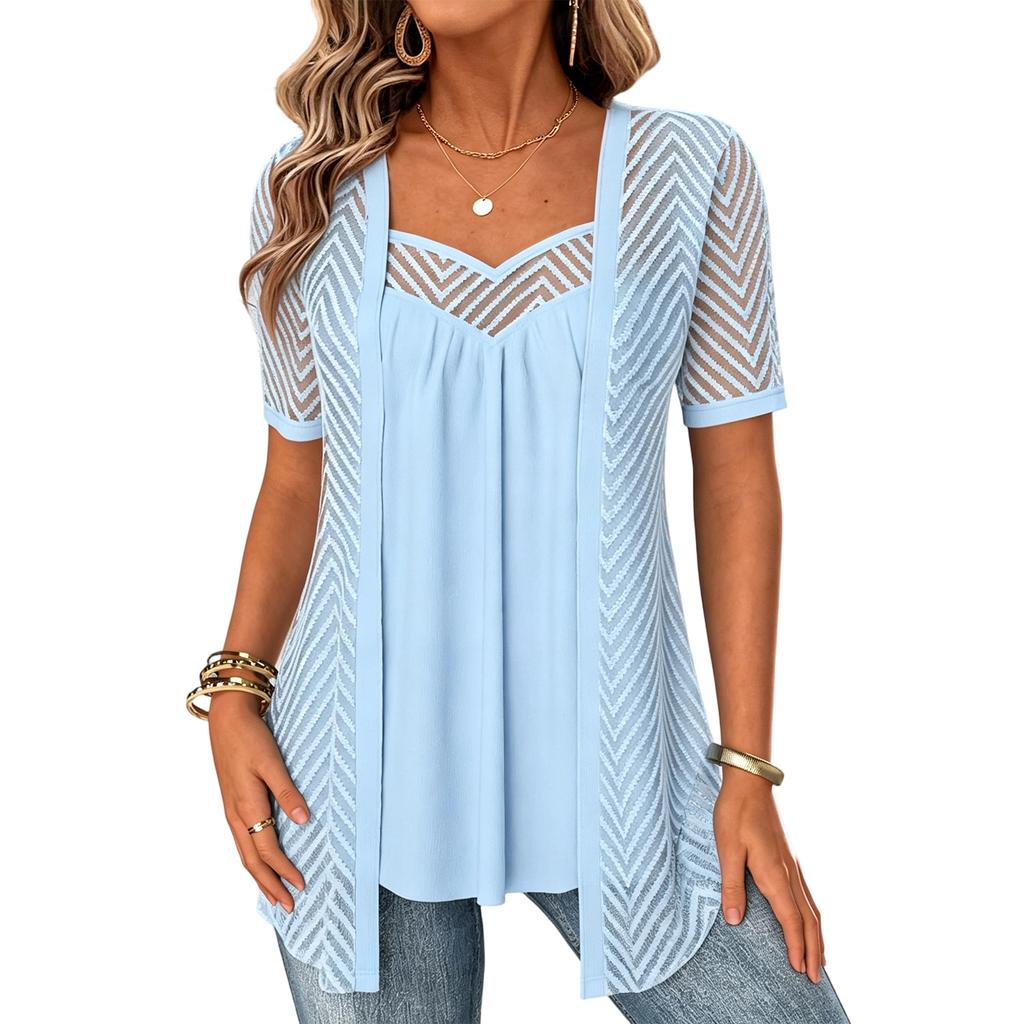 Women's Cutout Loose Fit Short Sleeve Two-Piece Blouse